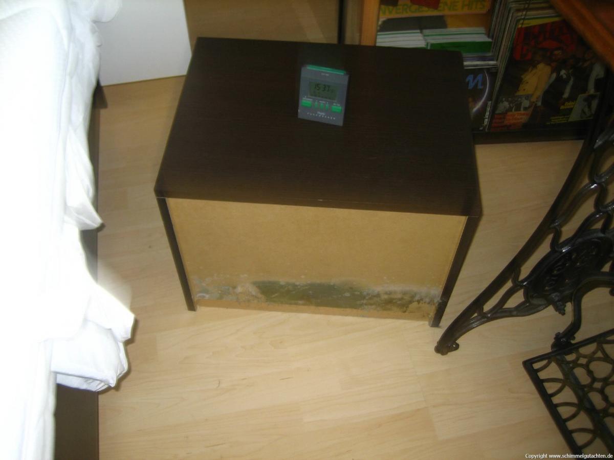 Verschimmelte Rückwand eines Schrankes